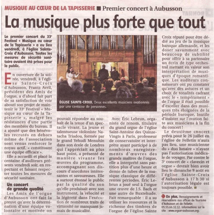 Article de presse La Montagne La musique plus forte que tout ! concert de Natacha Triadou et Eric Lebrun Festival d'Aubusson